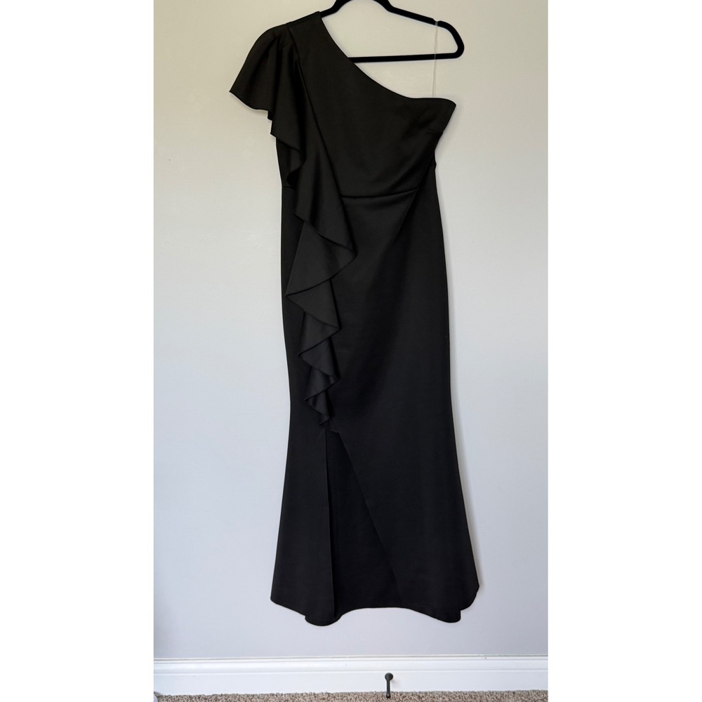Ababalaya Black One Shoulder Ruffle Maxi Dress XL Formal Evening Gown Slit
